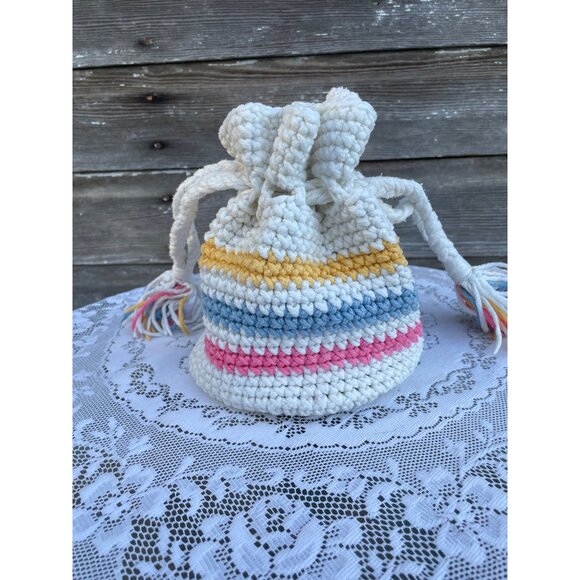 Vintage 1970s Cotton Crochet Pastel Stripe Drawstring Bag Purse - Picture 11 of 13